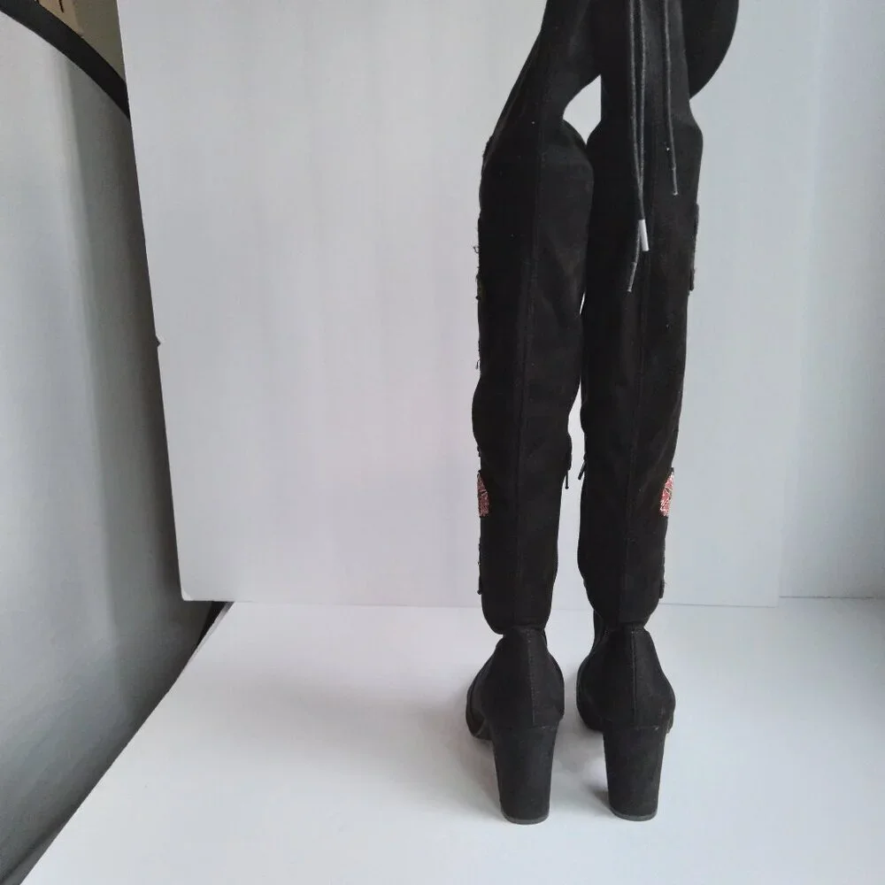 Chinese Laundry 'Briella' Black ThighHigh Suede Boots Floral Embroidery NWOB Sz6